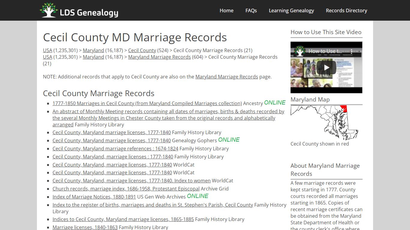 Cecil County MD Marriage Records - LDS Genealogy