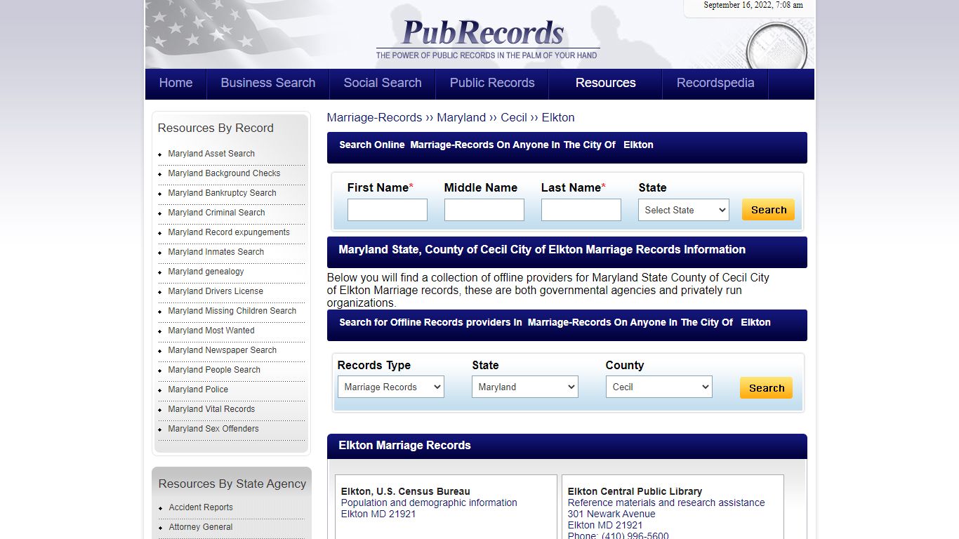 Elkton, Cecil County, Maryland Marriage Records - Pubrecords.com